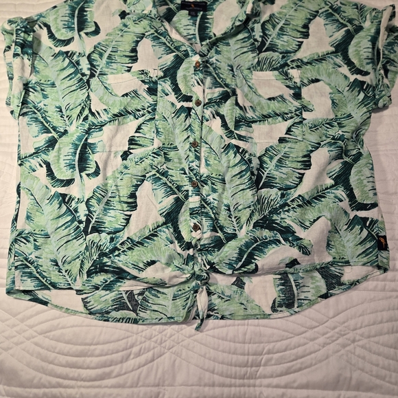 Margaritaville green Tropical Print Shirt Linen Blend Tie Front Women's Size XXL - Picture 2 of 9